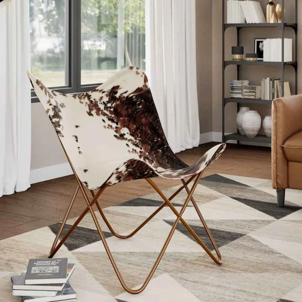 vidaXL Silla mariposa de cuero auténtico marrón y blanco Marrón y blanco Best