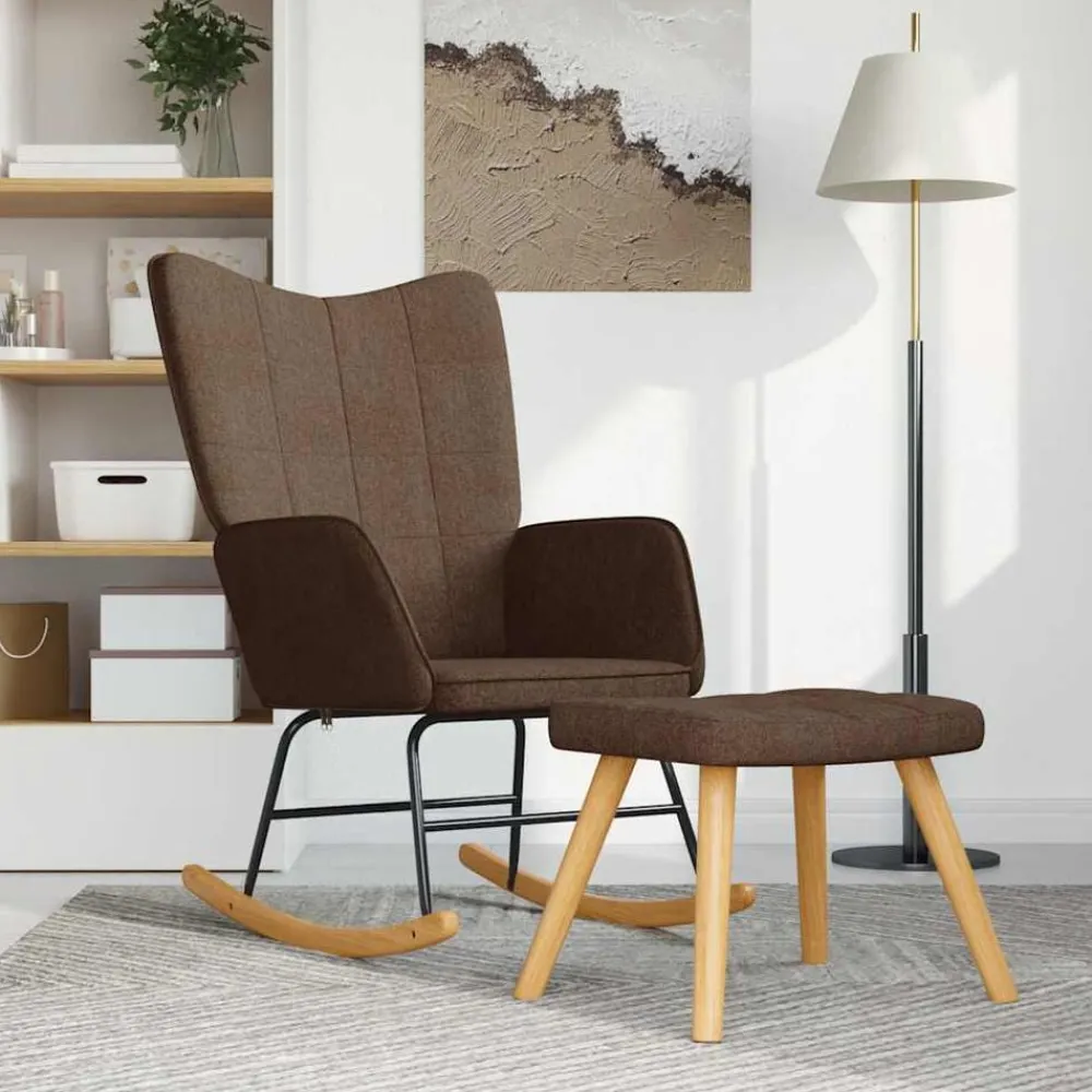 vidaXL Silla mecedora con reposapiés tela marrón Marrón New