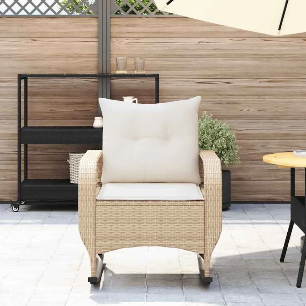 vidaXL Muebles De Jardín-Silla mecedora de jardín con cojines ratán sintético beige