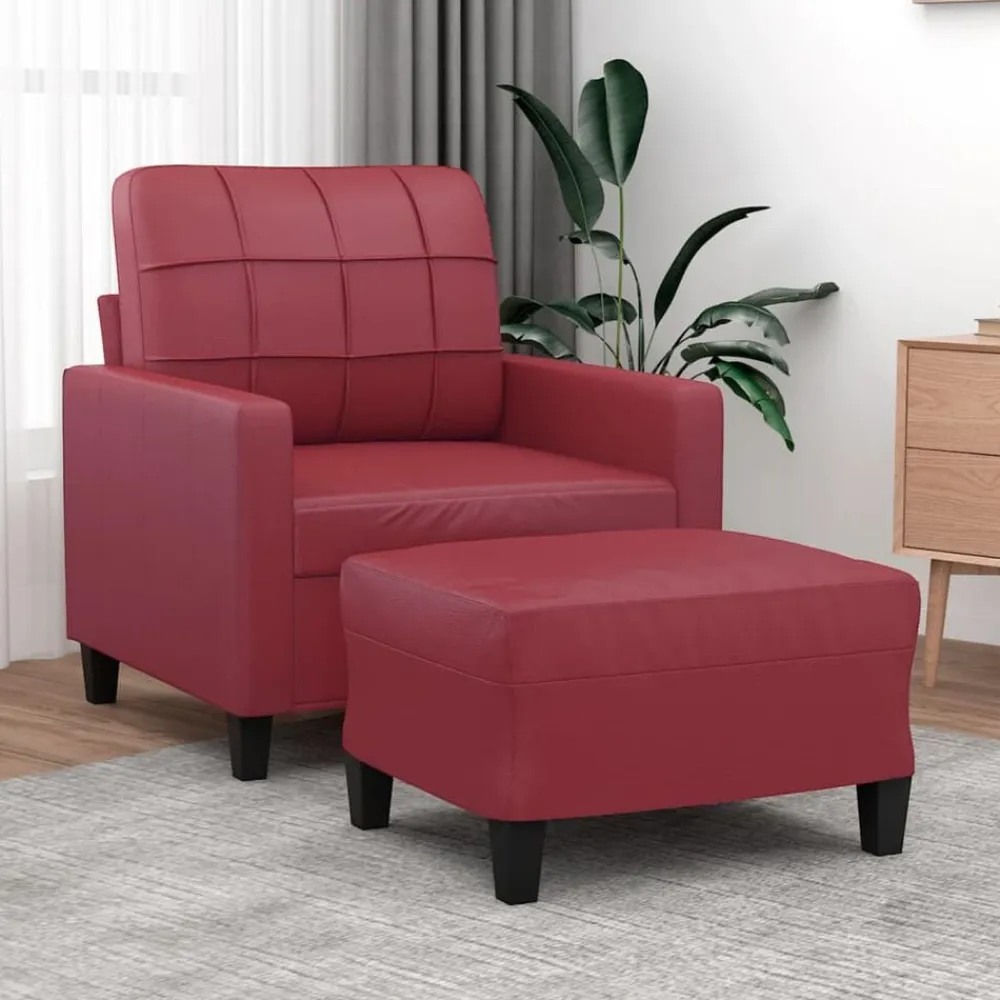vidaXL Sillón con taburete cuero sintético rojo tinto 60 cm