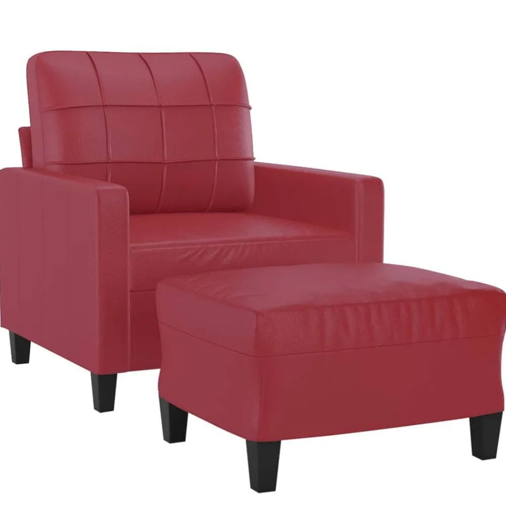 vidaXL Sillón con taburete cuero sintético rojo tinto 60 cm
