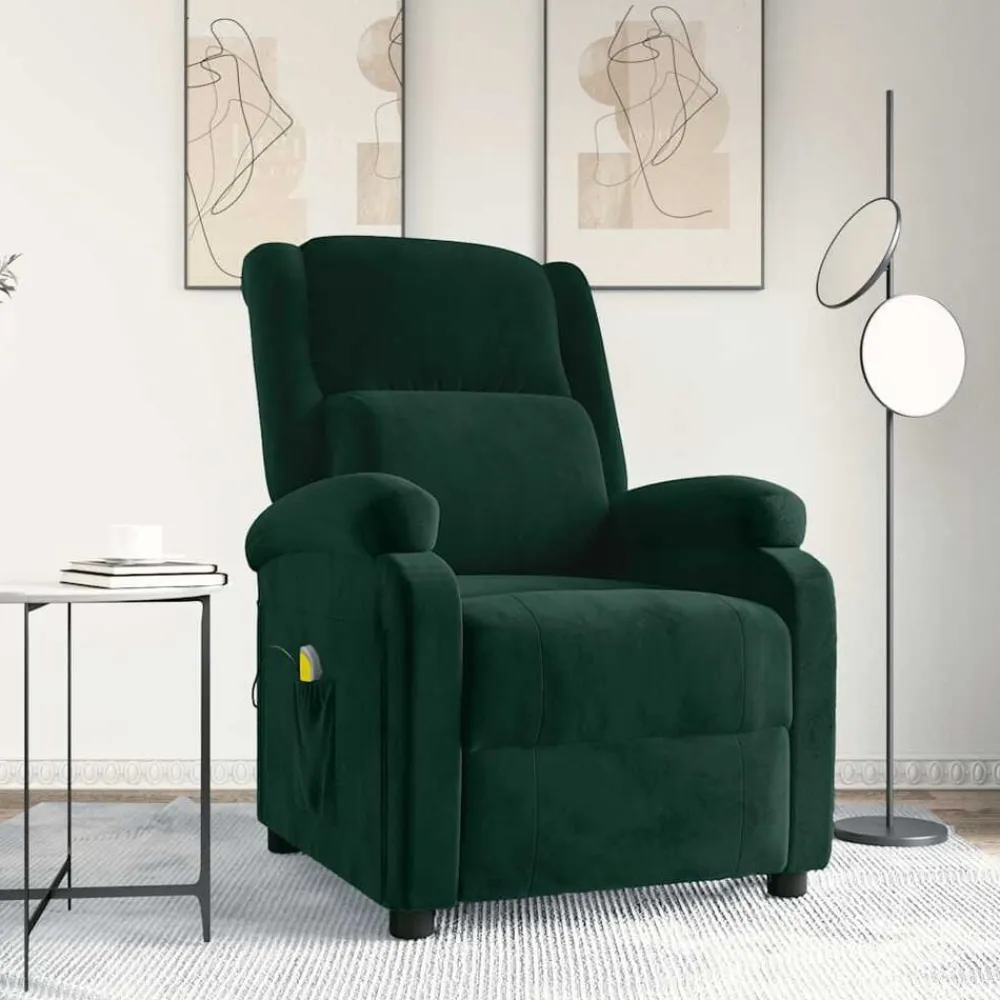 vidaXL Sillón de masaje de terciopelo Verde oscuro