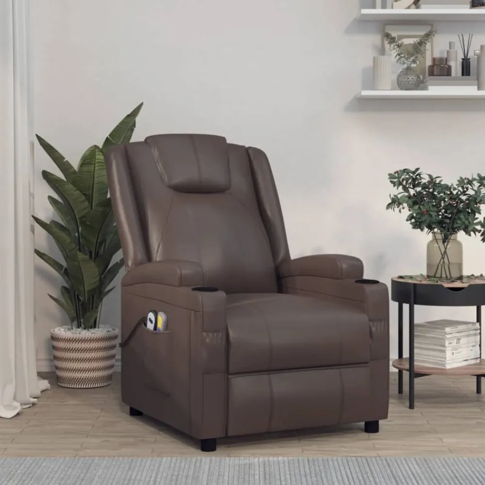 vidaXL Sillas-Sillón de masaje eléctrico cuero sintético marrón