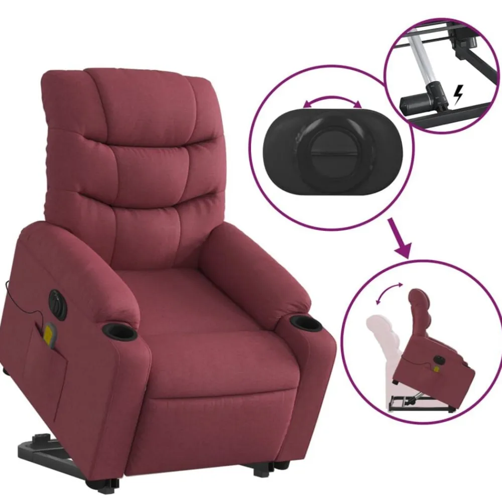 vidaXL Sillas-Sillón de masaje elevable eléctrico tela rojo tinto