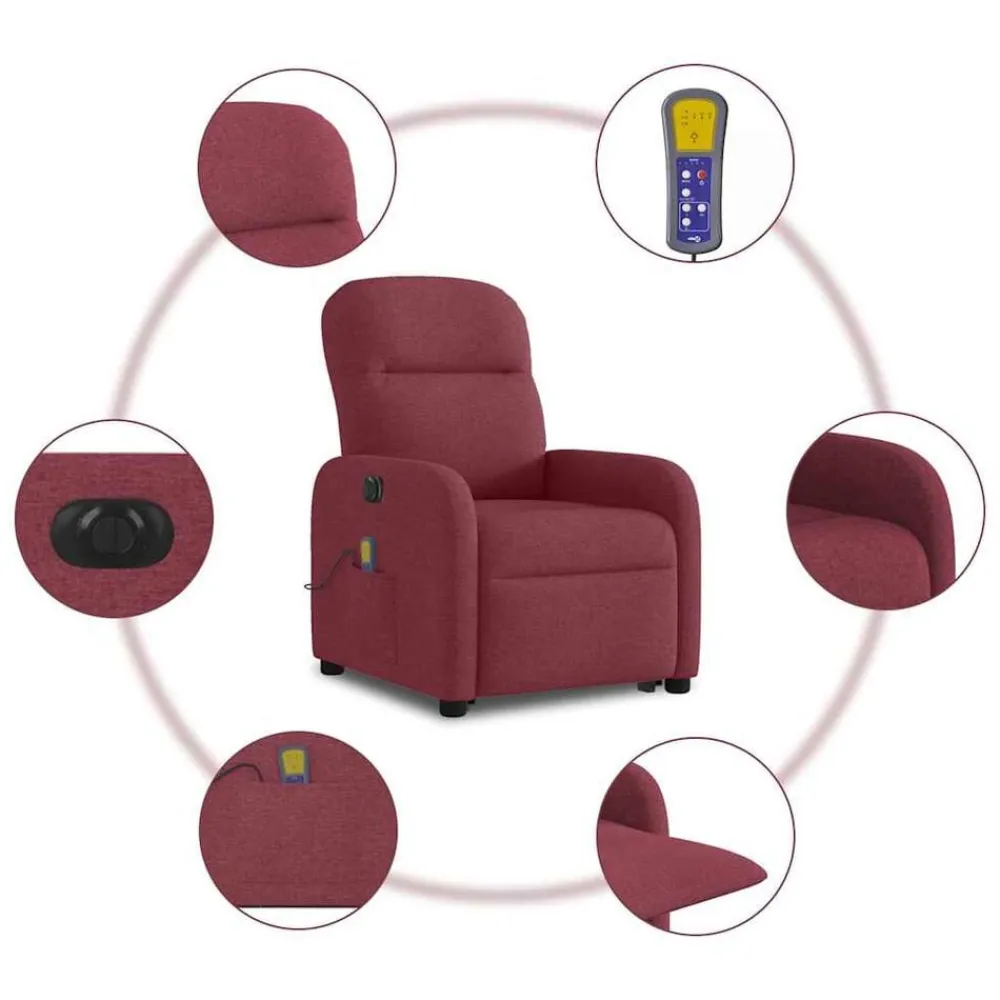 vidaXL Sillón de masaje eléctrico reclinable elevable tela rojo tinto Rojo vino tinto Discount