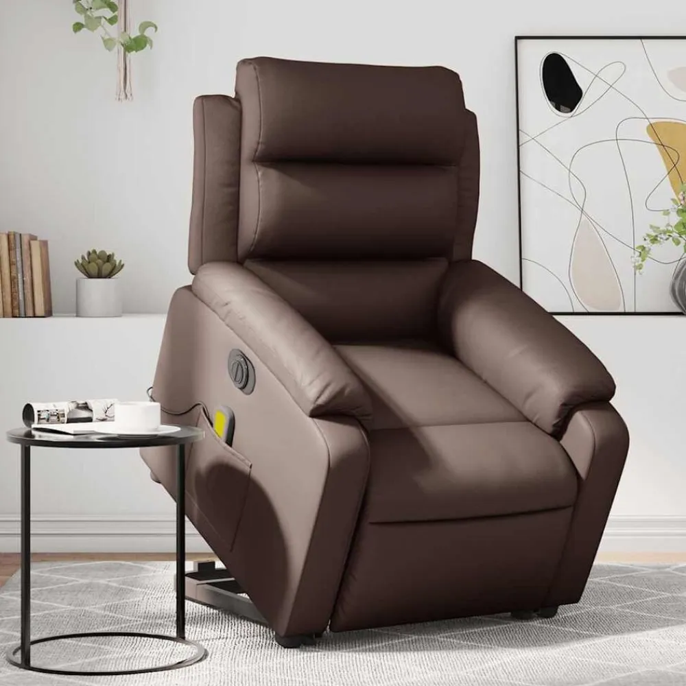vidaXL Sillas-Sillón de masaje elevable eléctrico cuero sintético marrón