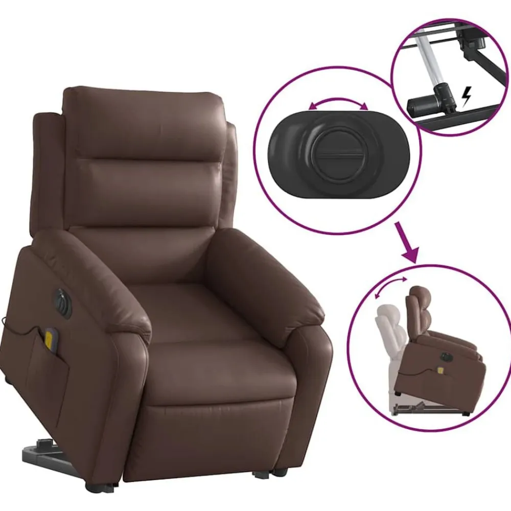 vidaXL Sillas-Sillón de masaje elevable eléctrico cuero sintético marrón