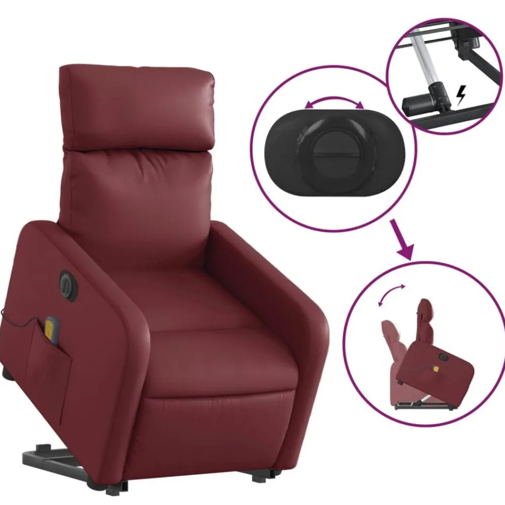 vidaXL Sillas-Sillón de masaje elevable eléctrico cuero artificial rojo tinto