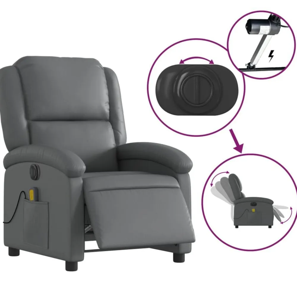 vidaXL Sillón de masaje reclinable eléctrico cuero sintético Gris New
