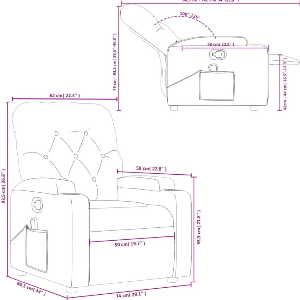 vidaXL Sillas-Sillón de masaje reclinable de tela color vino tinto