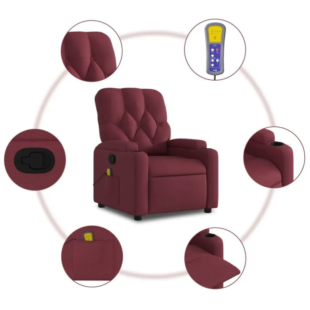 vidaXL Sillas-Sillón de masaje reclinable de tela color vino tinto