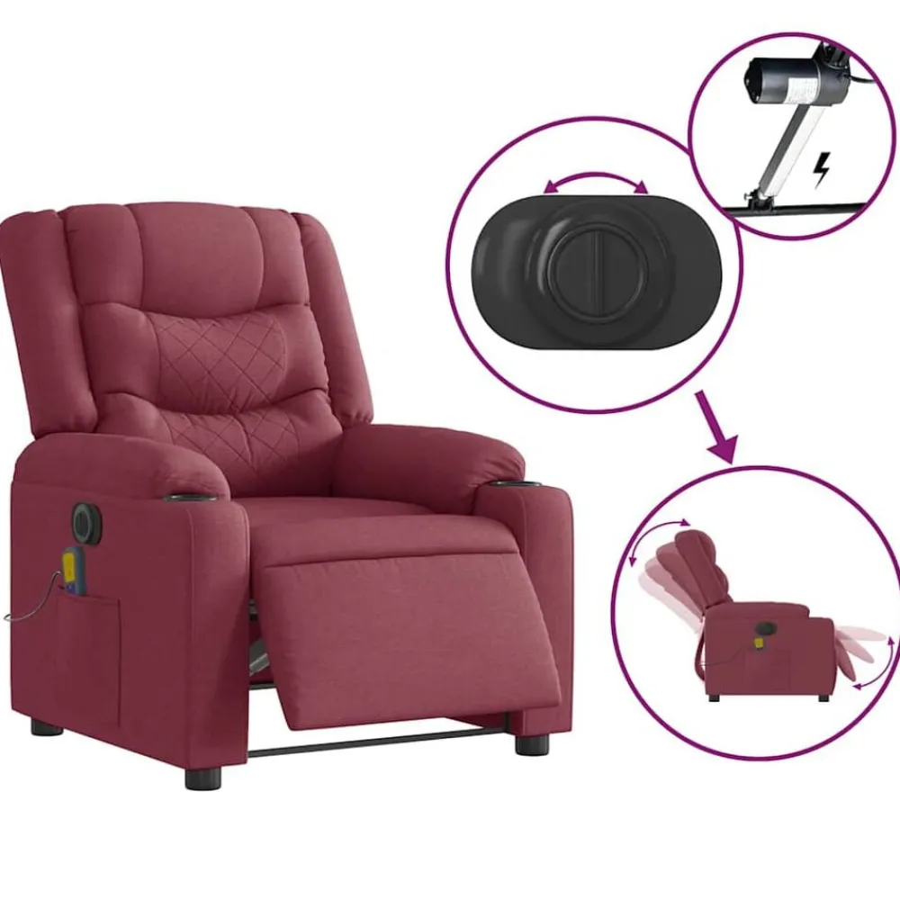 vidaXL Sillón de masaje reclinable eléctrico tela rojo tinto Rojo vino tinto Outlet