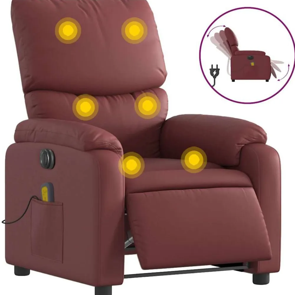 vidaXL Sillón masaje reclinable eléctrico cuero sintético rojo tinto Rojo vino tinto Online