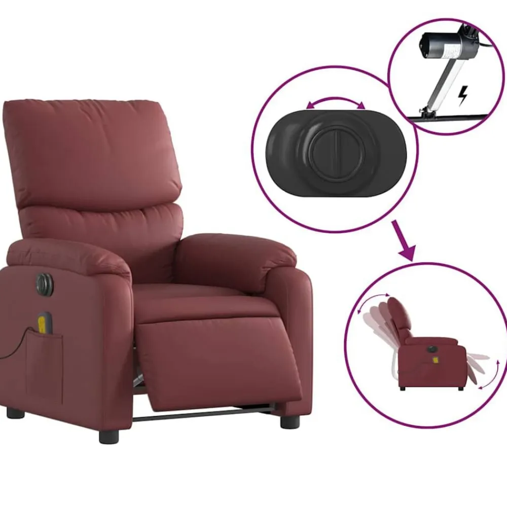 vidaXL Sillón masaje reclinable eléctrico cuero sintético rojo tinto Rojo vino tinto Online