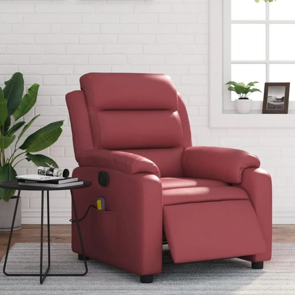 vidaXL Sillón masaje reclinable eléctrico cuero sintético rojo tinto Rojo vino tinto Clearance