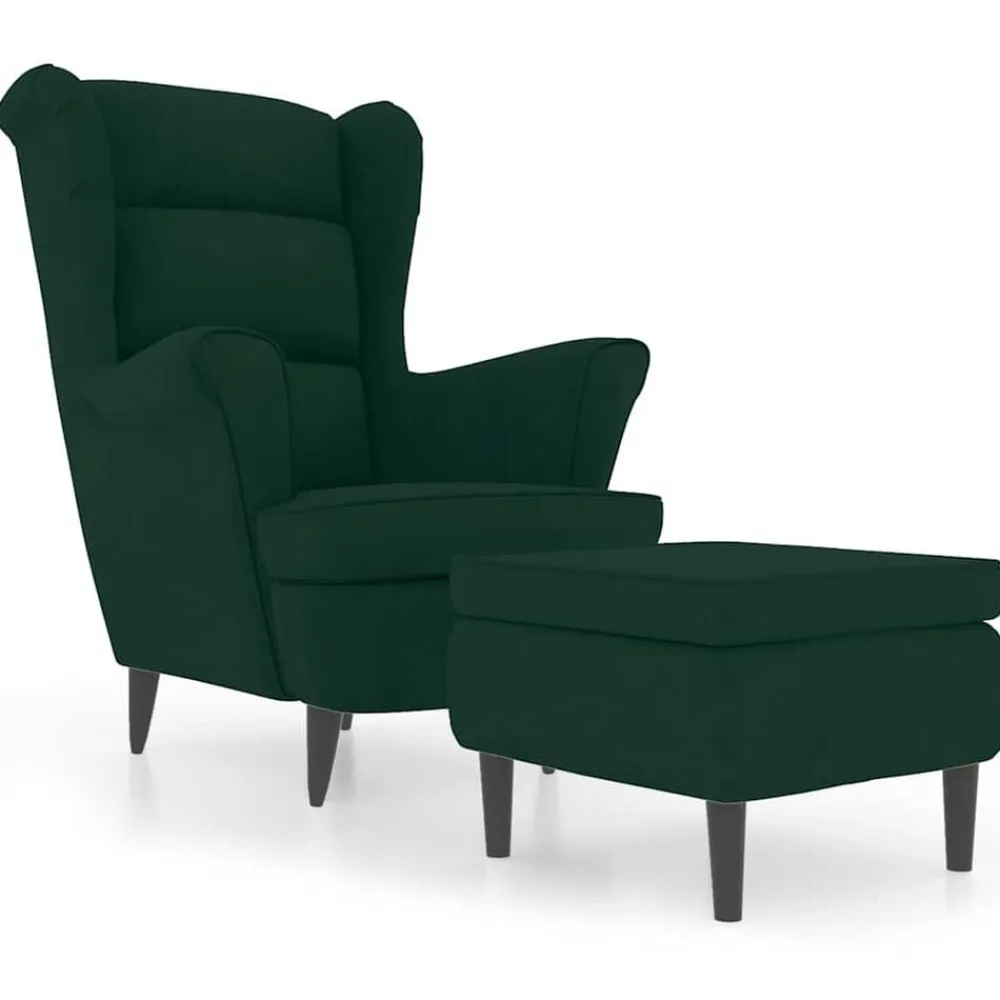 vidaXL Sillón orejero y taburete de terciopelo Verde oscuro Discount