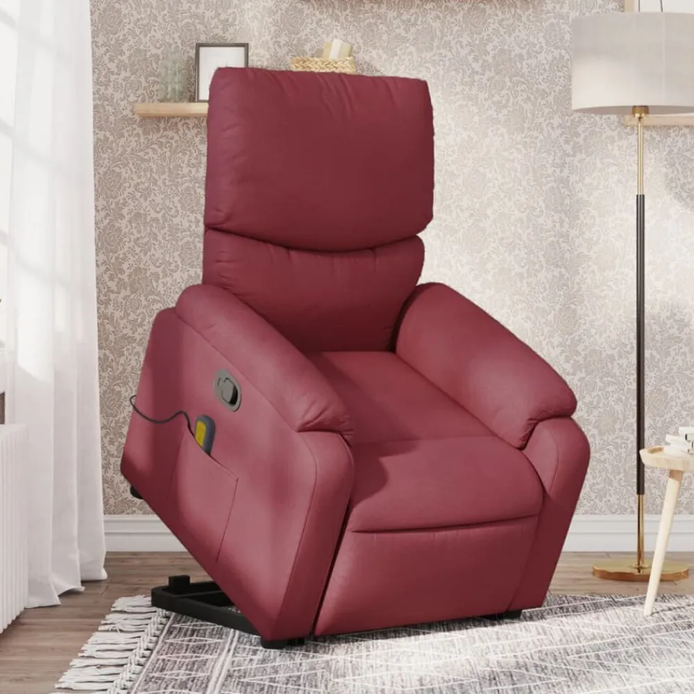 vidaXL Sillón reclinable de masaje elevable tela rojo tinto Rojo vino tinto Clearance