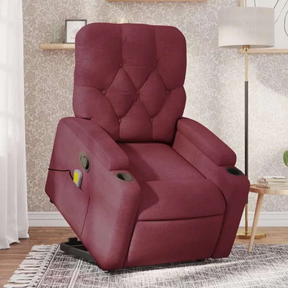 vidaXL Sillón reclinable de masaje elevable tela rojo tinto Rojo vino tinto New