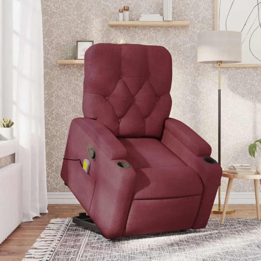 vidaXL Sillón reclinable de masaje elevable tela rojo tinto Rojo vino tinto New