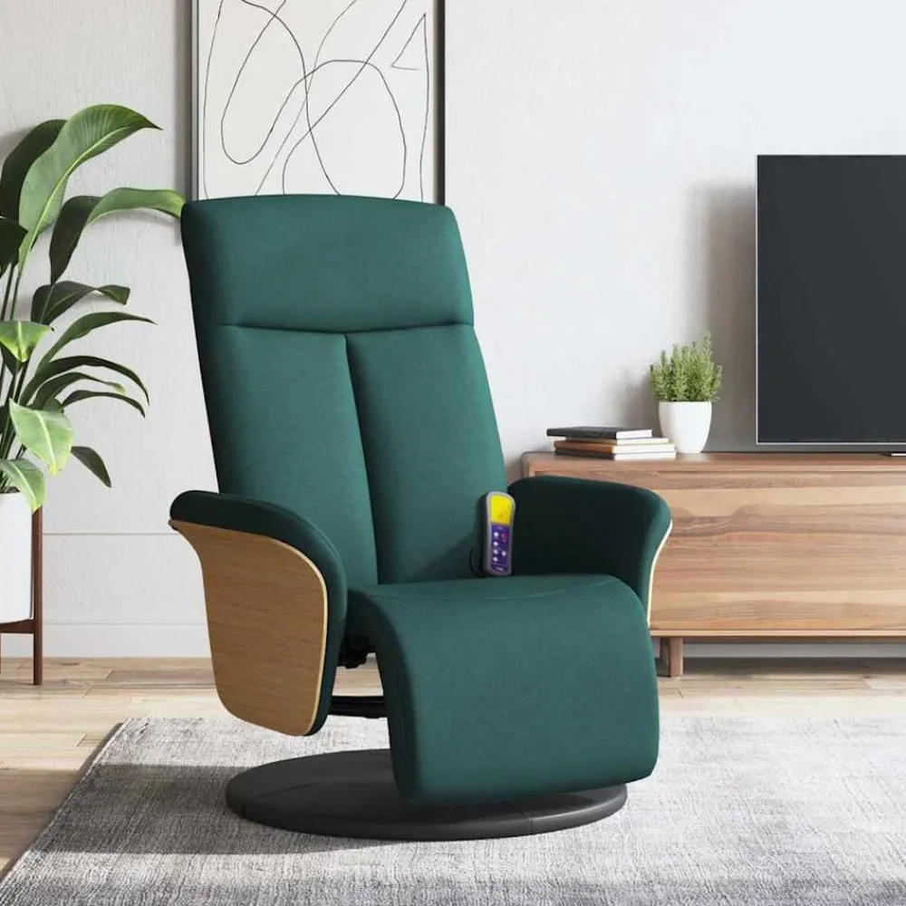 vidaXL Sillón reclinable de masaje con reposapiés tela Verde oscuro New