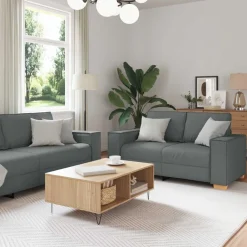 vidaXL Sofá 3 pcs 220 x 80 x 84 cm Tejido mezcla de lino Gris oscuro Hot