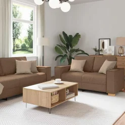 vidaXL Sofás-Sofá 3 pcs Marrón 220 x 80 x 84 cm Tejido mezcla de lino