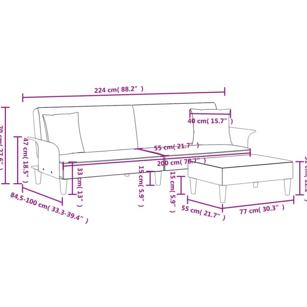 vidaXL Sofás-Sofá cama 2 plazas y almohadas taburete terciopelo