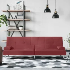 vidaXL Sofás-Sofá cama con portavasos cuero sintético rojo tinto