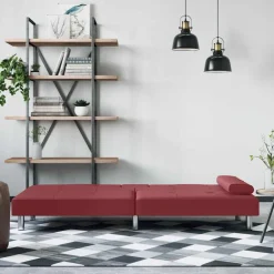 vidaXL Sofás-Sofá cama con portavasos cuero sintético rojo tinto