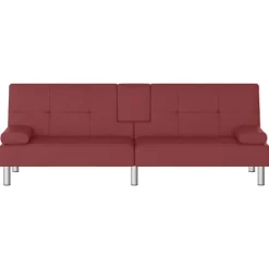vidaXL Sofás-Sofá cama con portavasos cuero sintético rojo tinto