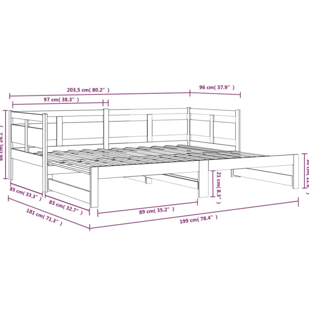 vidaXL Sofá cama extraíble madera maciza de pino 2x(90x200) cm Natural
