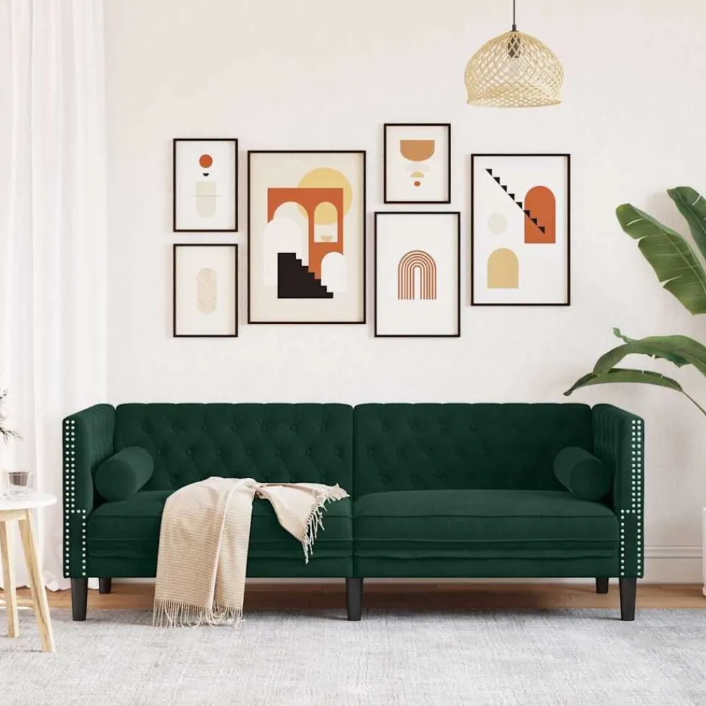 vidaXL Sofá Chesterfield 3 plazas con cojines terciopelo Verde oscuro Hot