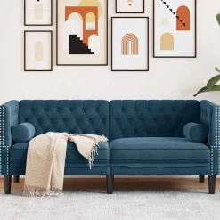 vidaXL Sofá Chesterfield 2 plazas con cojines terciopelo Azul Outlet