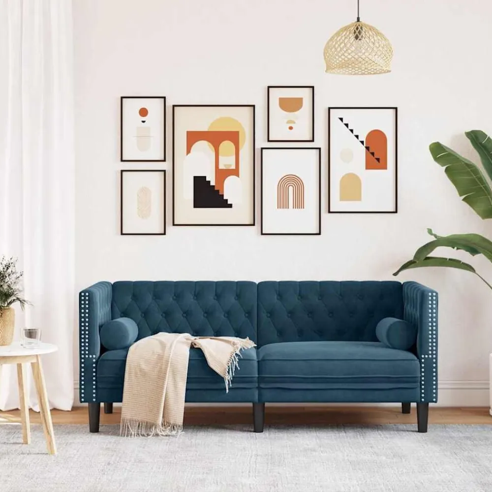 vidaXL Sofá Chesterfield 2 plazas con cojines terciopelo Azul Outlet
