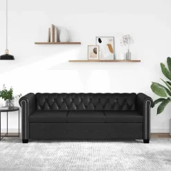 vidaXL Sofá Chesterfield de 3 plazas cuero sintético Negro Discount