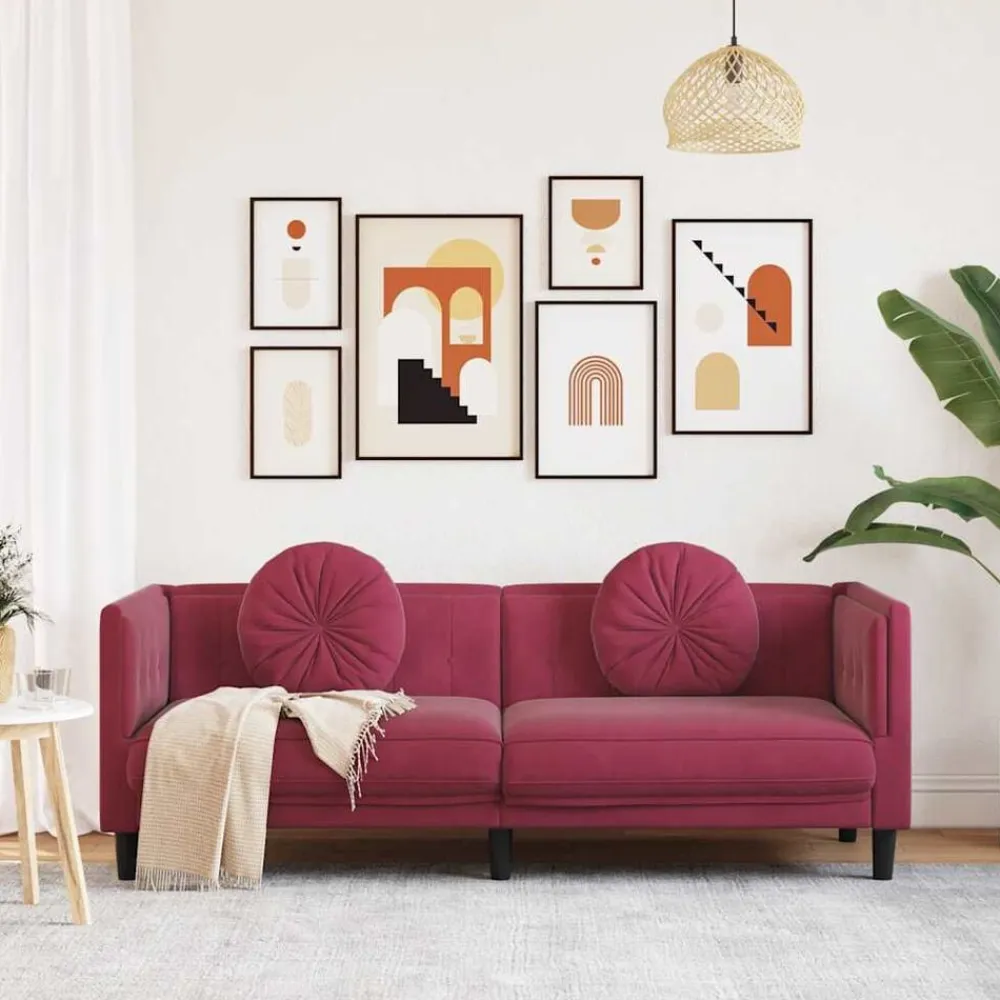 vidaXL Sofás-Sofá con cojines 3 plazas terciopelo rojo tinto