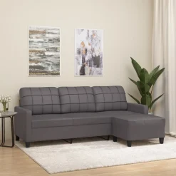 vidaXL Sofá de 3 plazas con taburete cuero sintético 180 cm Gris Online