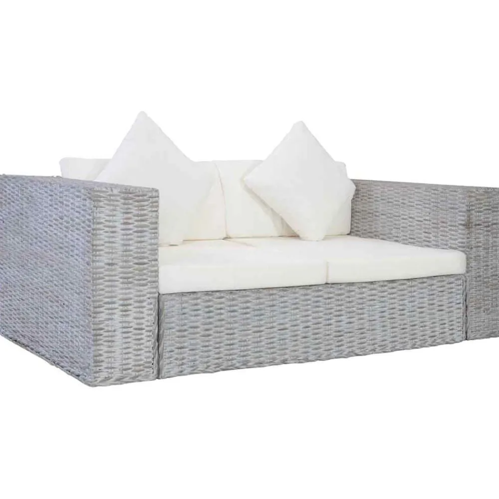vidaXL Sofá de 2 plazas con cojines ratán natural Gris Sale