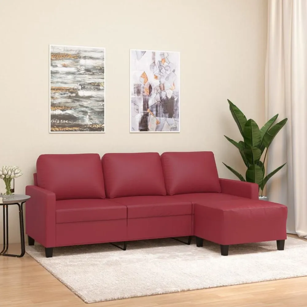 vidaXL Sofás-Sofá de 3 plazas con taburete cuero sintético rojo tinto 180 cm