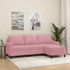 vidaXL Sofá de 3 plazas con taburete de terciopelo 180 cm Rosa Clearance