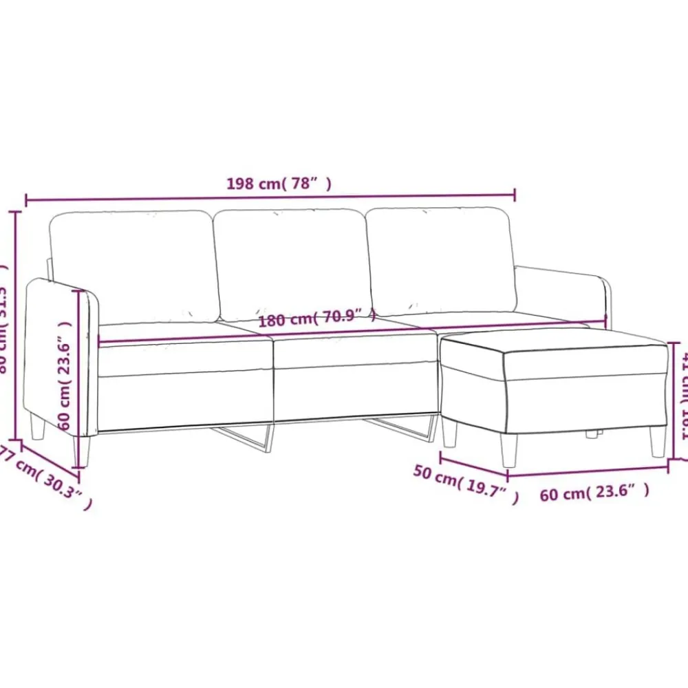 vidaXL Sofá de 3 plazas con taburete de tela 180 cm Crema Clearance