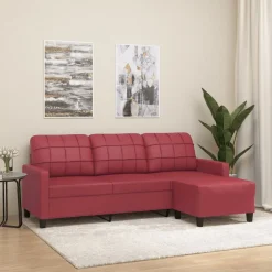 vidaXL Sofás-Sofá de 3 plazas con taburete cuero sintético rojo tinto 180 cm