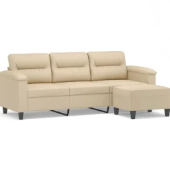 vidaXL Sofá de 3 plazas y taburete tela microfibra 180 cm Crema Online