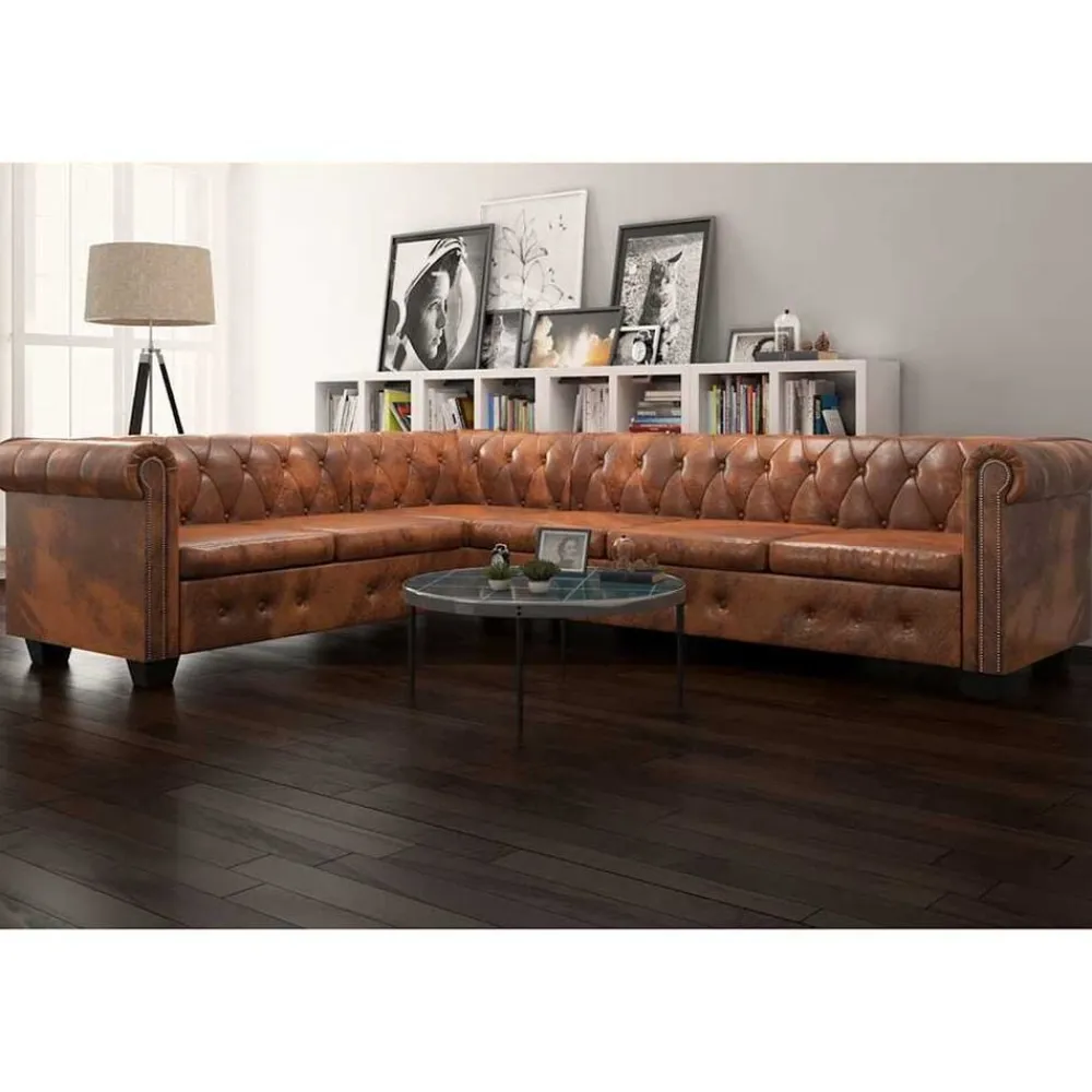 vidaXL Sofás-Sofá de esquina Chesterfield 6 plazas cuero artificial marrón