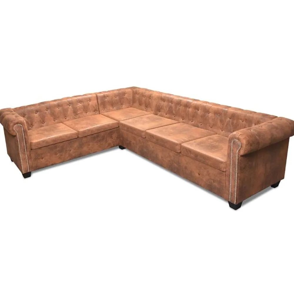vidaXL Sofás-Sofá de esquina Chesterfield 6 plazas cuero artificial marrón