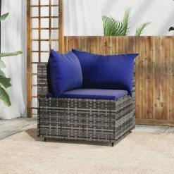 vidaXL Sofá de esquina de jardín con cojines ratán sintético gris Gris y azul Sale