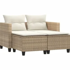 vidaXL Sofá de jardín 2 plazas con toldo y taburetes ratán PE beige beige y crema Discount