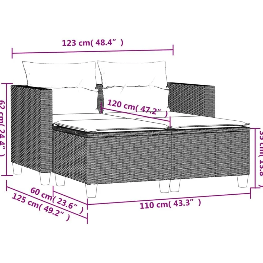vidaXL Sofá de jardín 2 plazas con toldo y taburetes ratán PE beige beige y crema Discount