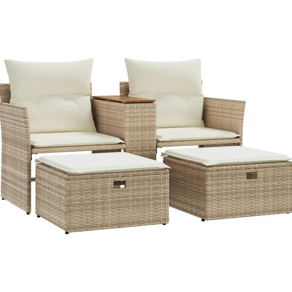 vidaXL Muebles De Jardín-Sofá de jardín 2 plazas con toldo y taburetes ratán PE