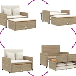 vidaXL Muebles De Jardín-Sofá de jardín con cojines 2 plazas ratán y madera acacia beige